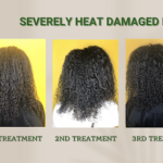 This photo contains 4 photos showing the progression of heat damaged hair with the Four Naturals Treatment